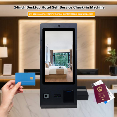 24 pouces Kiosques d'enregistrement OCR Avec distributeur de cartes de chambre Scanner de code QR Imprimante d'appareil photo